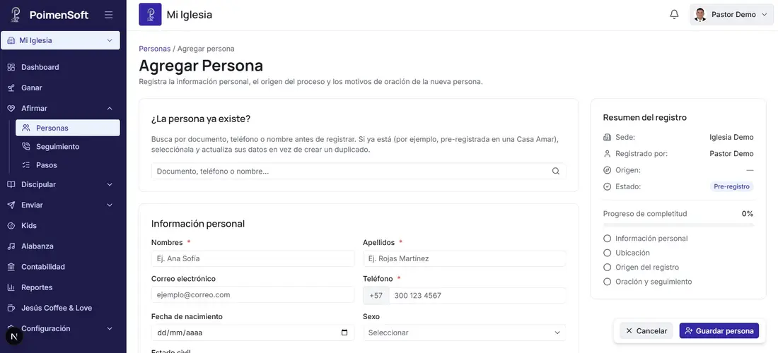 Pantalla de agregar persona: primero pregunta si la persona ya existe y muestra el progreso del registro